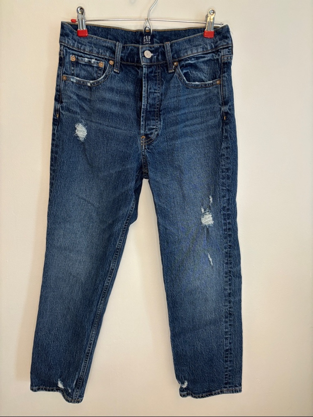 GAP Cheeky Straight High Rise Button Fly Jeans Dark Indigo Distressed Size 28 (6
